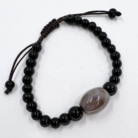 Beautiful Agate and Black Glass Beaded Brown Cord Adjustable Bracelet - Picture 5 of 5